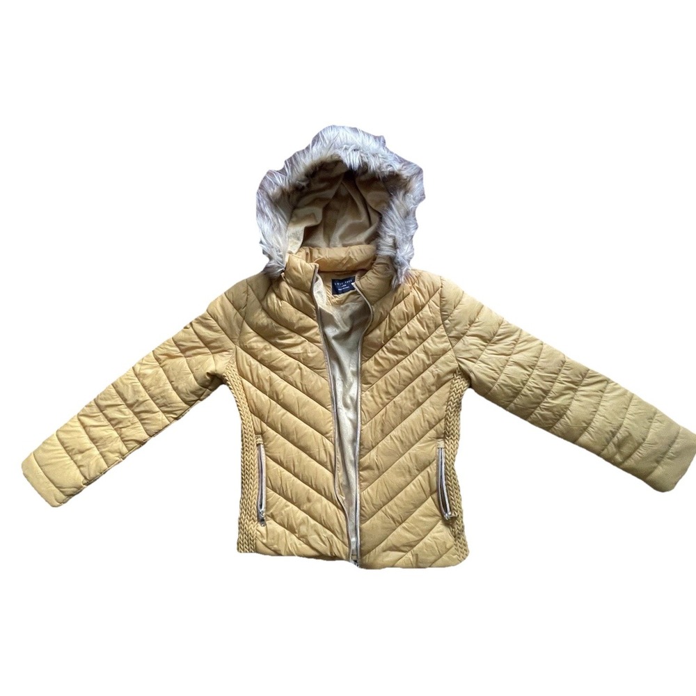 Love Tree Women's Sz L Puffer Jacket Mustard/Gold Removable Hood Faux Fur - Picture 2 of 8